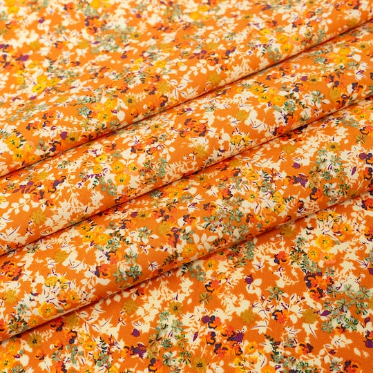 SINGER Orange Floral Packed Cotton Fabric